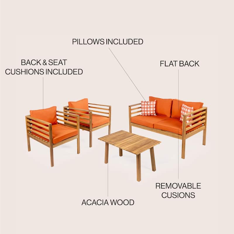Everly 4-Piece Mid-Century Modern Acacia Wood Outdoor Patio Set with Cushions and Plaid Decorative Pillows, by JONATHAN Y