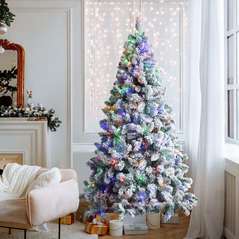 VEIKOUS 6.5FT/7.5FT Pre-lit Christmas Tree Snow Flocked/Artificial with Lights and Metal Stand - 6.5 Foot - Multi