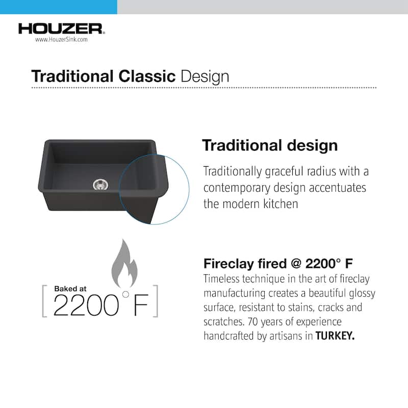 Houzer PTU-3600 Platus 32" Undermount Single Basin Fireclay Kitchen