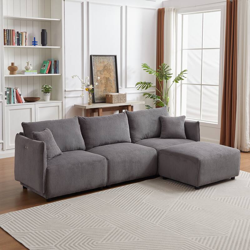 Minimalist Corduroy Sectional Sofa with Comfort Cushions and USB & C Charging Ports