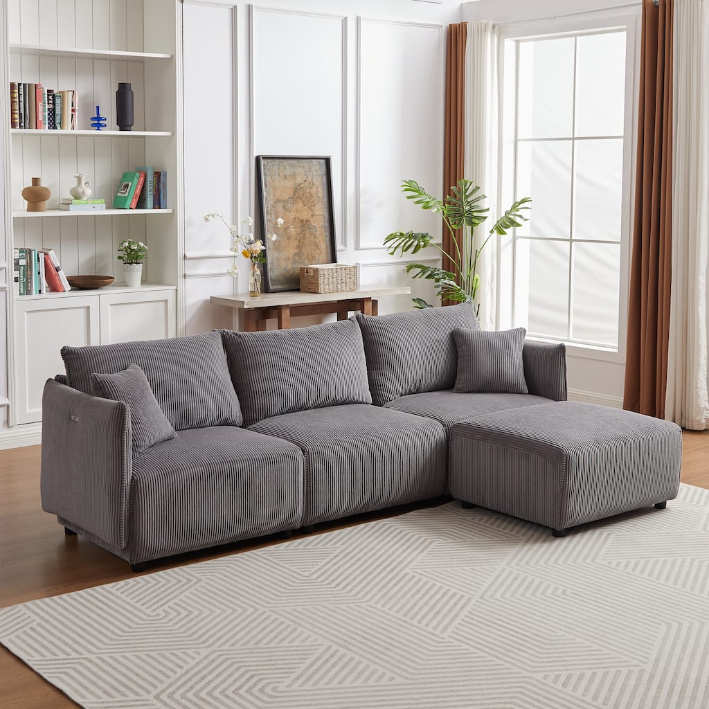 Modular Sectional Sofa with Chaise Lounge, Corduroy Upholstered 4 Seater Sofa, Corner Sofa with 2 Cushions & USB Charging Ports