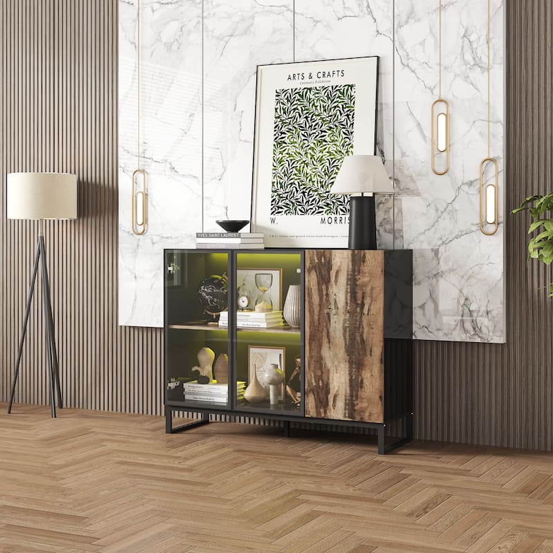 Sideboard Bookshelves Cabinet with LED Light,Glass Doors 47.2” Storage Display Cabinet - 47.2"W
