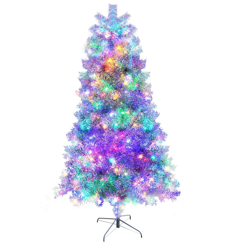 7.4FT Pre-Lit Artificial Christmas Tree, Hinged Full Tree with Metal Stand, 1200 Branch Tips, 400 LED Lights,11 Lighting Modes