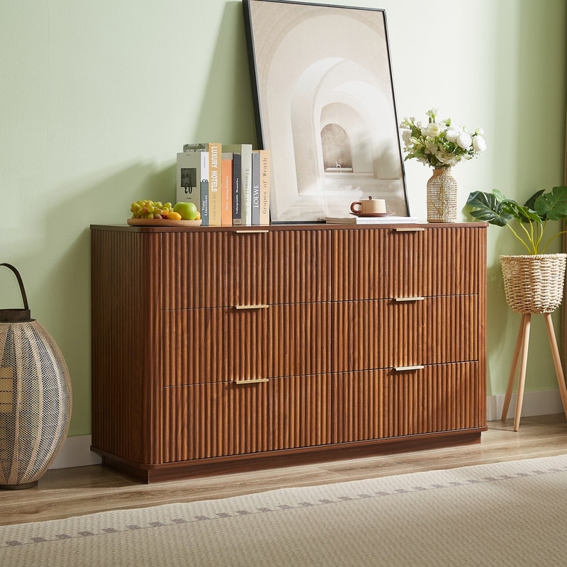 55" Modern Curved Wave Sideboard Cabinet, Wood 6 Drawers Dresser Organizer for Living Room