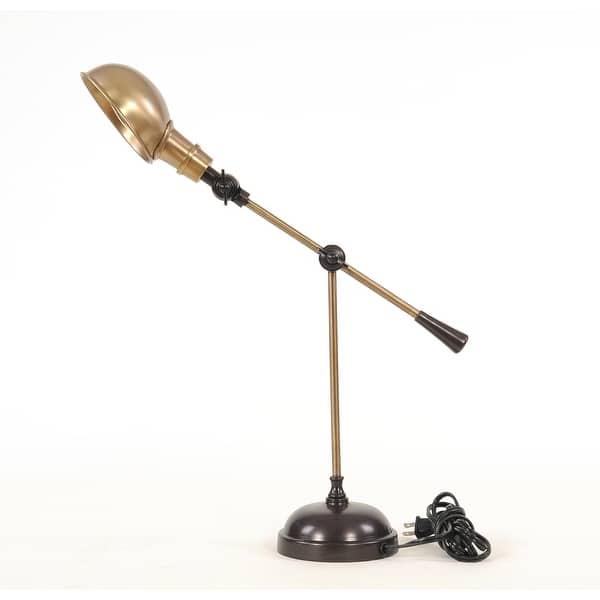 VINTAGE BRASS TABLE TOP LAMP ADJUSTABLE SHADE TONE GOLD AND BLACK 20”