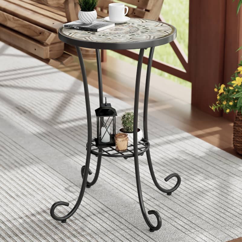 Christopher Knight Home - Camille Ceramic Tile and Iron Outdoor Side Table with French Country Charm - Brown+Black