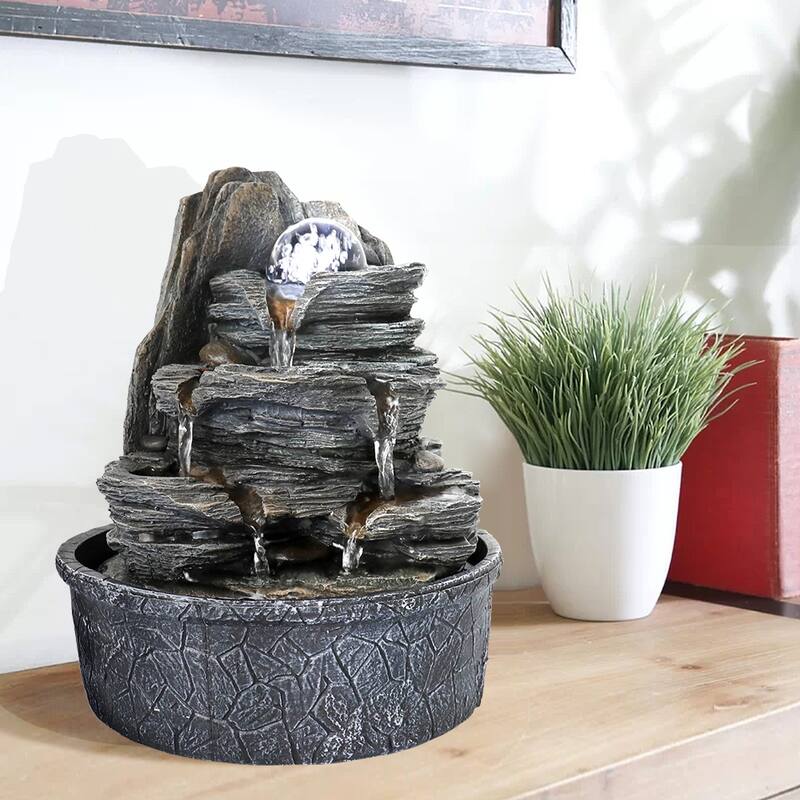 Cascading Fountain w/Light & Ball Indoor Waterfall Fountain for Home - Grey