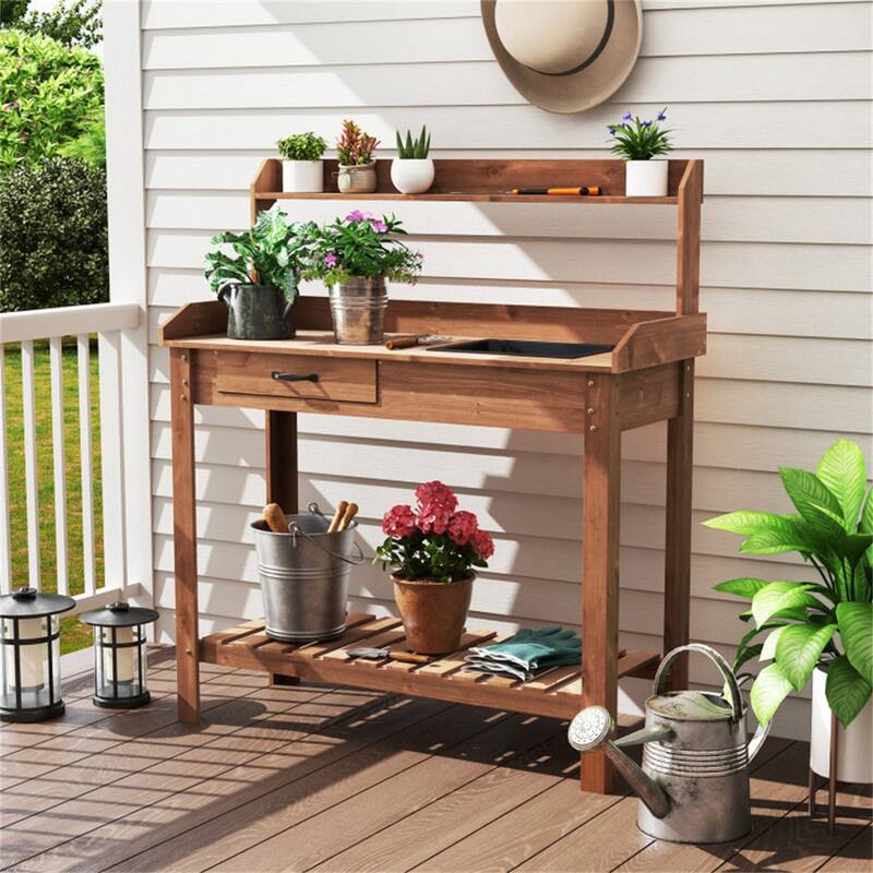 Wooden Garden Potting Bench Table with Sink and Drawer Top Shelf and Bottom Storage for Backyard - 45" x 18" x 50"