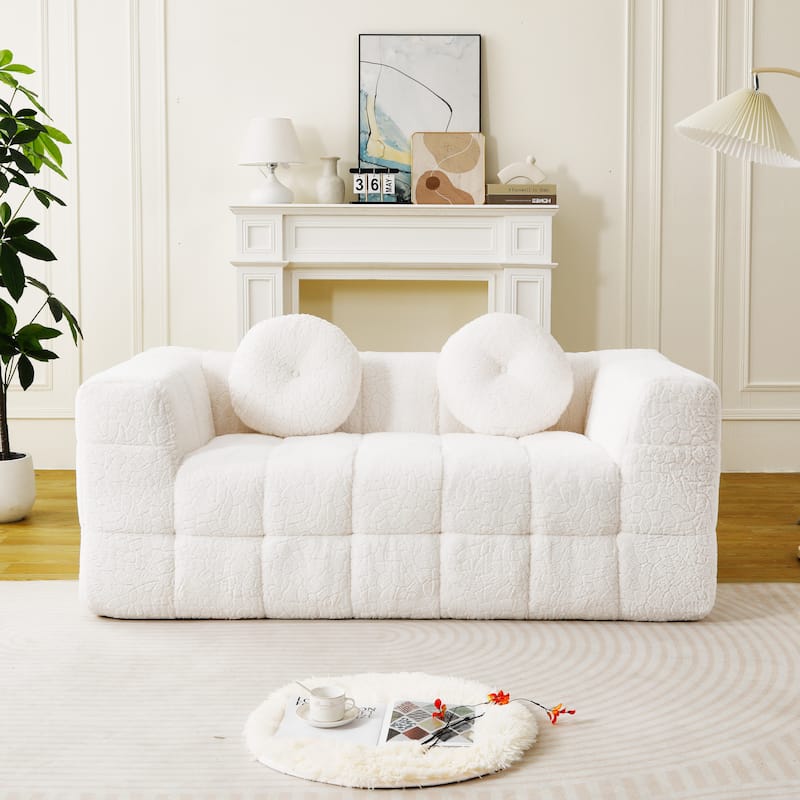 Modular Boneless Cloud Couch, Checkered Fabric Upholstered 2 Seater Foam Sofa, Lounge Sofa with 2 Circular Throw Pillows