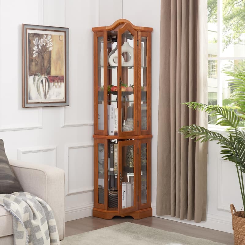 70" Lighted Corner Curio Cabinet with Tempered Glass Doors and Shelves
