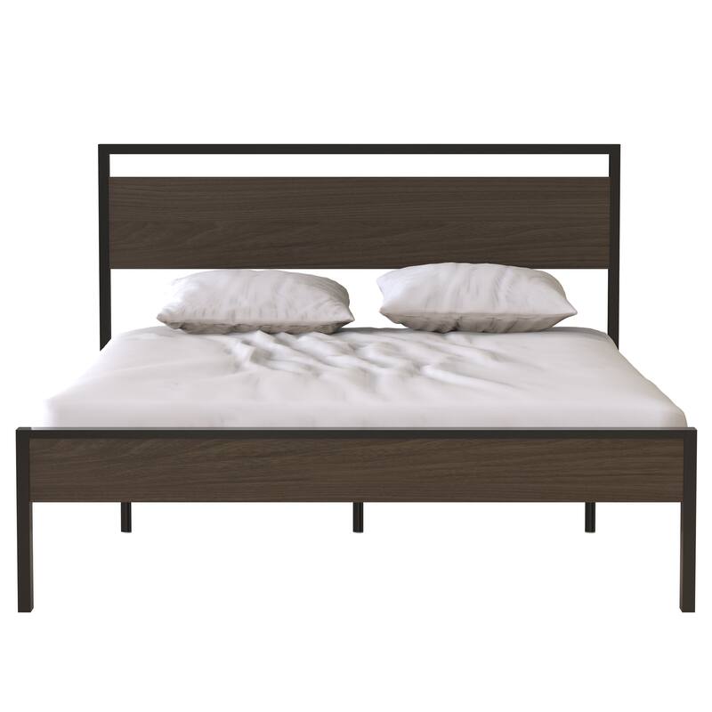 Metal Bed, Black with Walnut Wood Headboard&Footboard, Queen