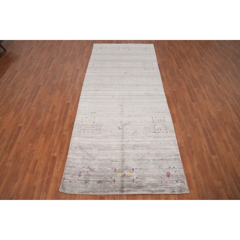 Hand Knotted Oriental Viscose Silk Carpet Tribal Animal Pictorial Greys & Charcoal Gabbeh Area Rug - 11' 8'' X 5' 0''