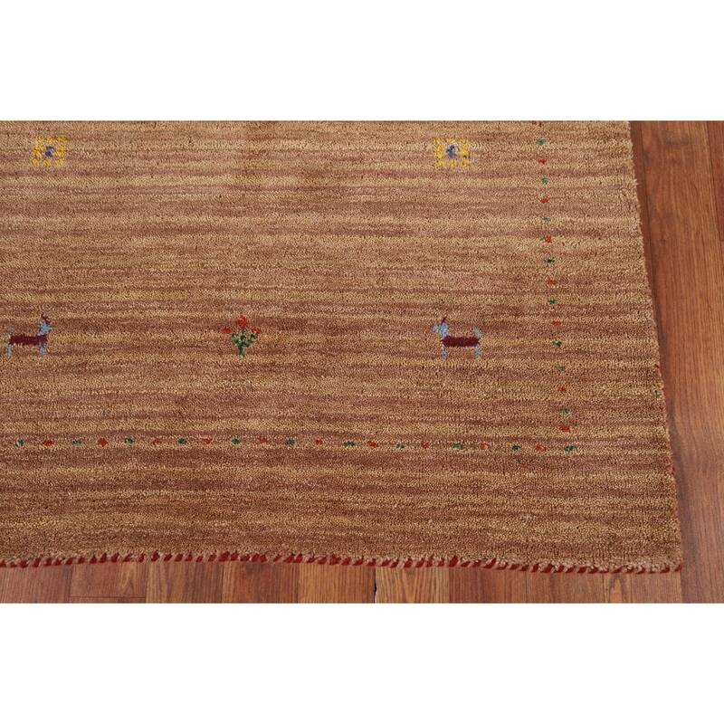 Brown Striped Gabbeh Indian Accent Rug Hand-Knotted Wool Carpet - 3'2" x 4'10"