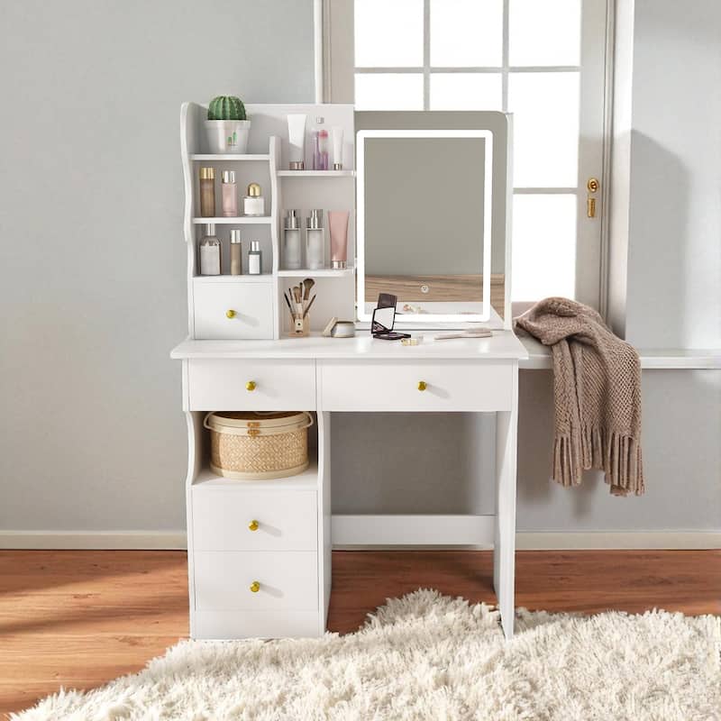 Makeup Vanity Desk with Sliding LED Mirror, 5 Storage Drawers, Touch Control Lighting & Organizer for Bedroom - White