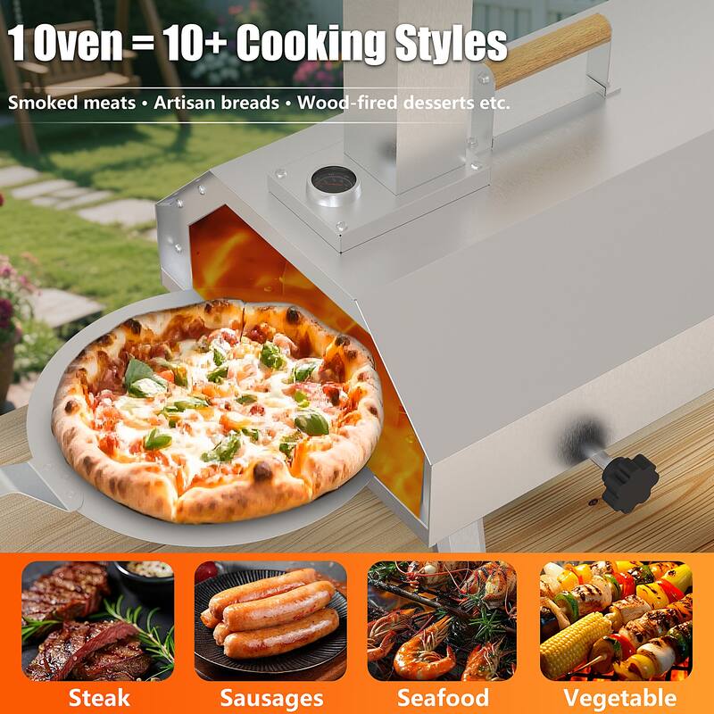 Outdoor Rotatable Portable Wood Fired Pellet Pizza Ovens w/Foldable Legs and Carryhandle - N/A