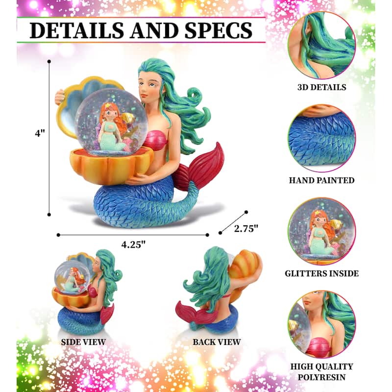 CoTa Global Mermaid Snow Globe Figurine with Sparkling Glitter - 45mm - 4.25″Lx2.75″Wx4″H