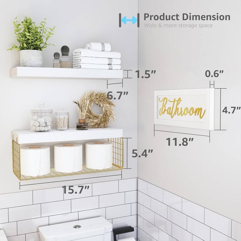 Toilet Bathroom Shelves - Paper Storage Wall Mount, Small Floating Shelves 2+1 Set