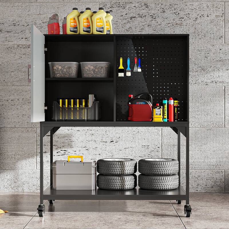 Industrial Metal Storage Cabinet with Pegboard, Adjustable Shelves and Wheels, Garage Tool Organizer with Soft-Close Doors