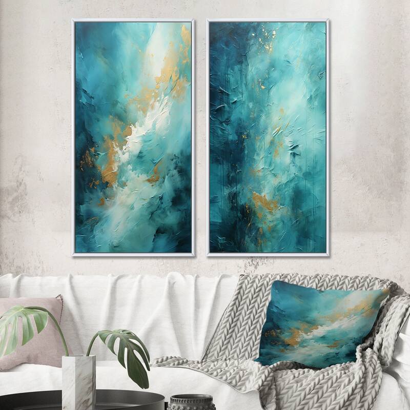 Designart "Turquoise Tranquility" Abstract Landscapes Framed Wall Art Set Of 2 - Green Gallery Set For Office Decor - 24 in. wide x 20 in. high - White