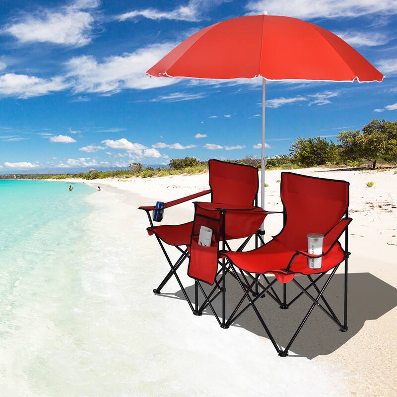 Portable Folding Picnic Double Chair with Umbrella Table Cooler Beach