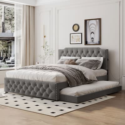 Queen Size Upholstered Platform Bed with Twin Size Trundle and 2 sets of USB Ports on each side, Linen Fabric, Gray