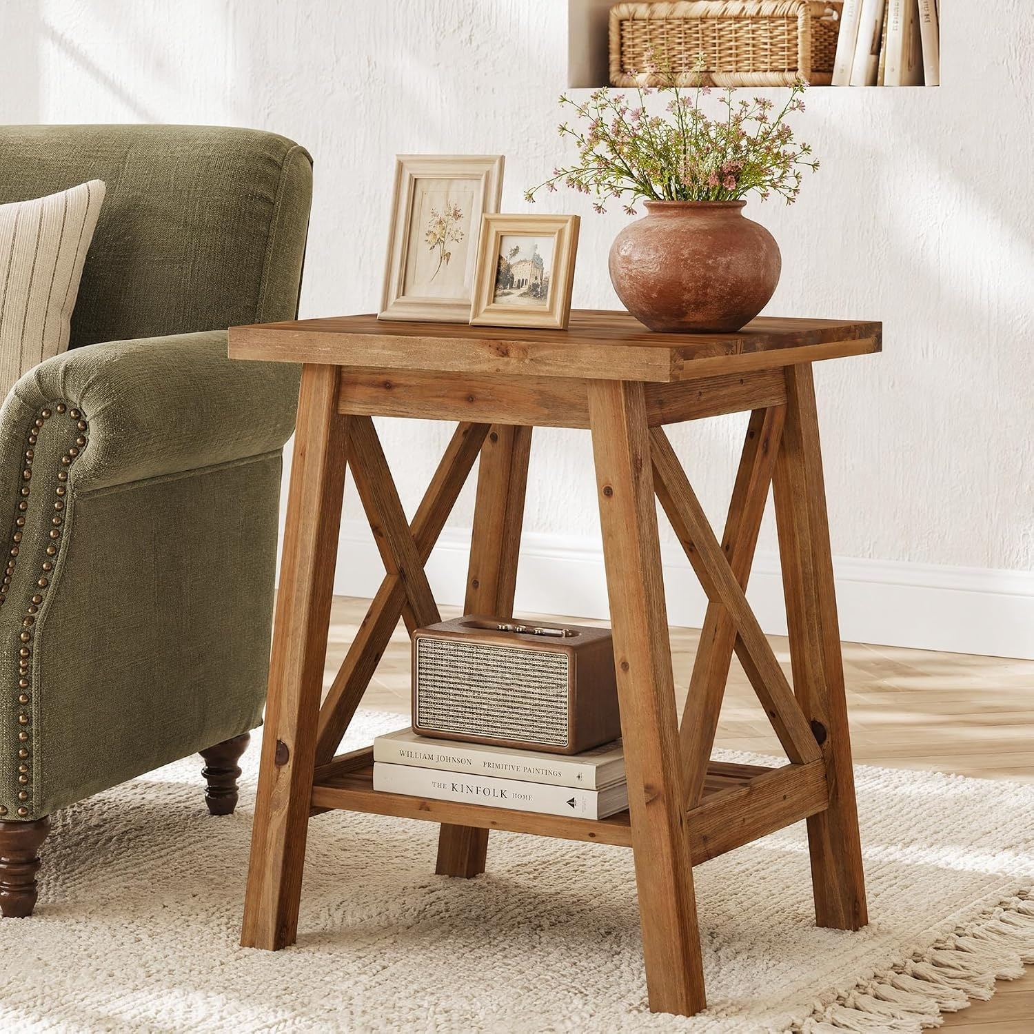 2-Tier Square Solid Wood Side/ End Table with Storage Shelf