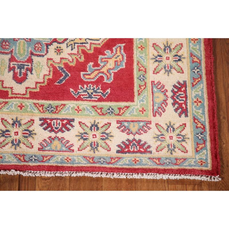 Geometric Red Kazak Accent Rug Handmade Wool Carpet - 3'4"x 5'1"