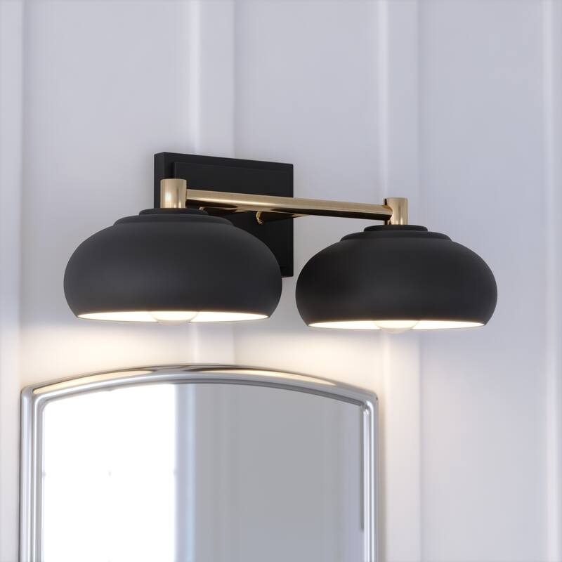 Belmont Mid Century Modern Dome Bathroom Wall Sconce Light Fixture - Matte Black and Satin Brass - 18.5-in W x 7-in H x 9.5-in D