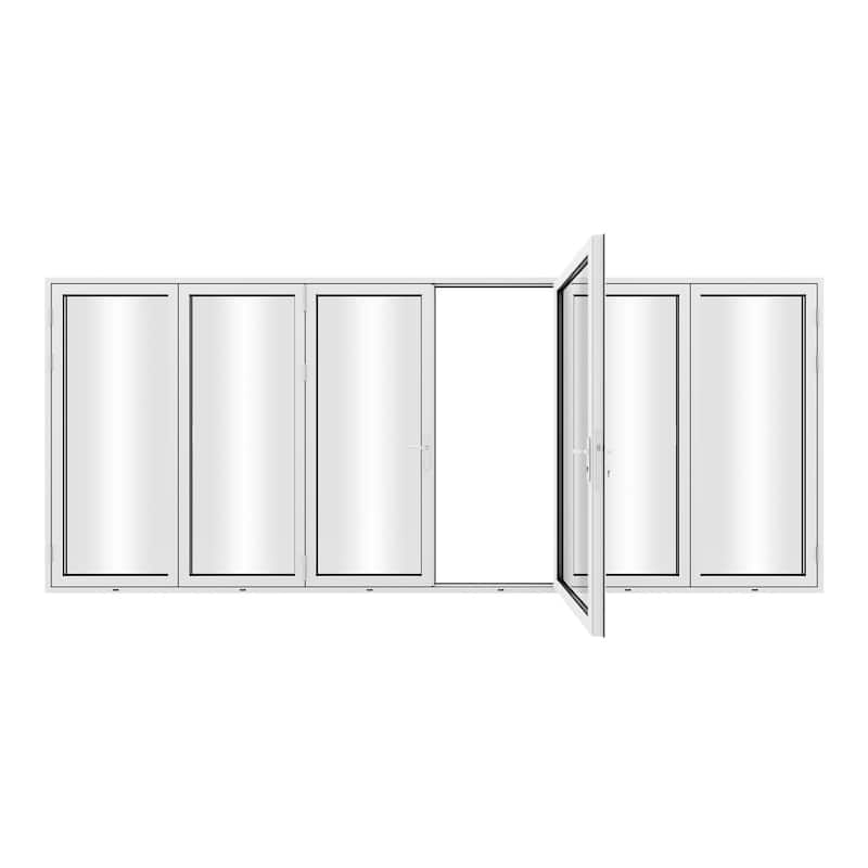 KaMic 192"×96" 6 Panels Aluminum Folding Door In White,Folded Out From Dual Open Model #:FD6PWH19296-DO