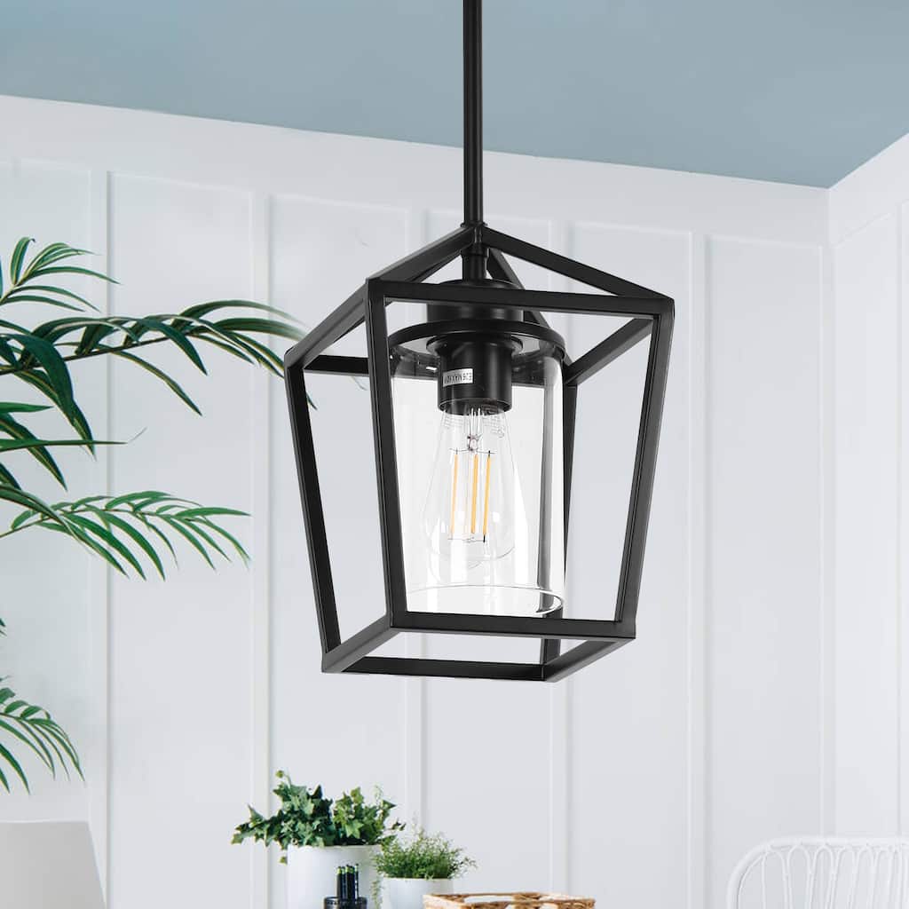 American-Style Single Pendant Light, Black Metal with Clear Glass Shade, E26 Base, Bulb Excluded - 7*7*9.8