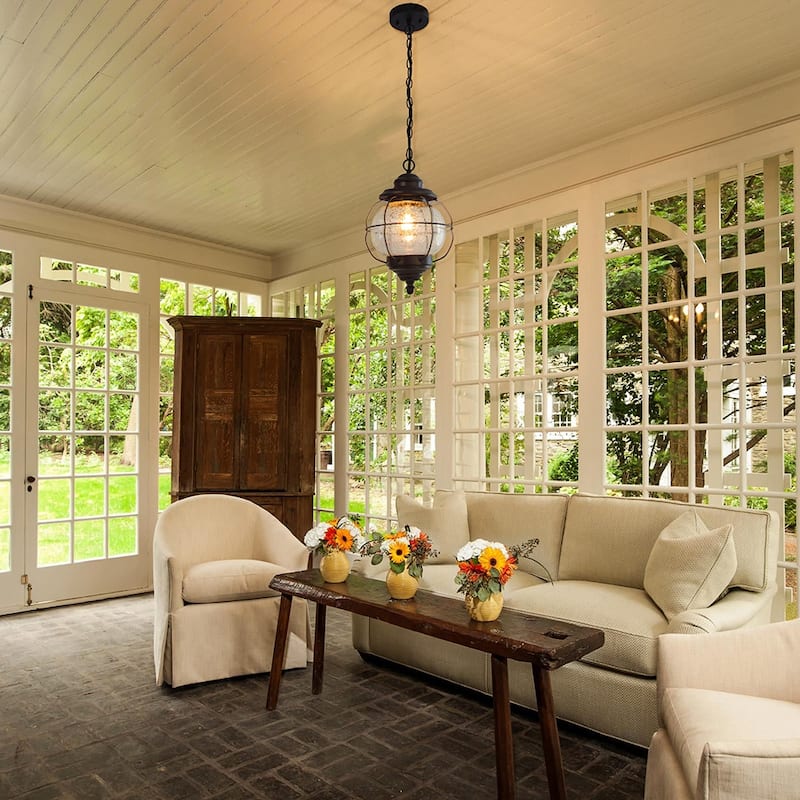 Modern Farmhouse Black 1-Light Outdoor Pendant Light Glass Patio Lantern Lamp - D10" X H12"