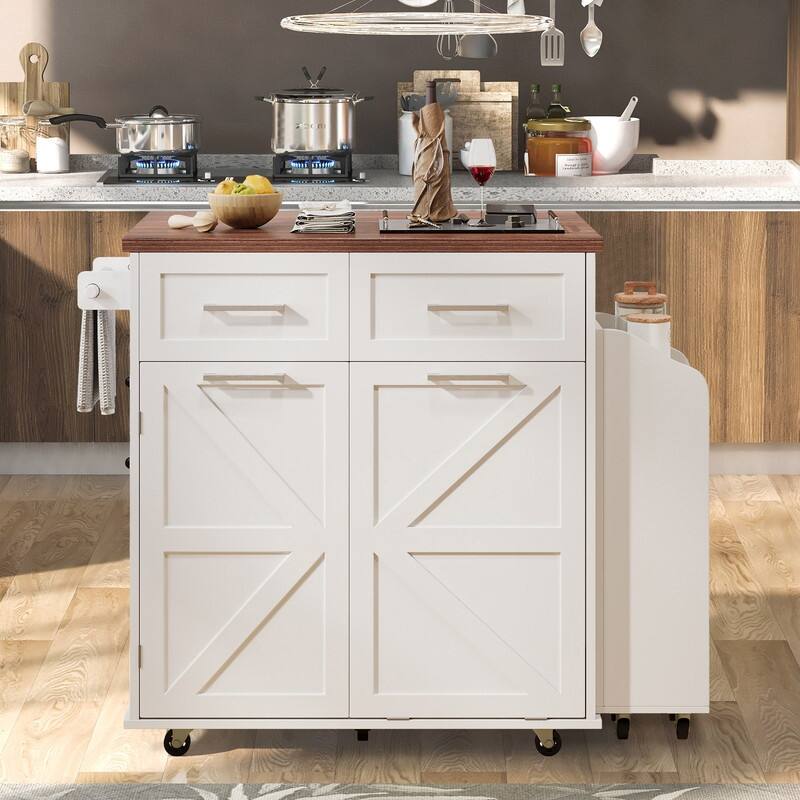 47.2" Rolling Kitchen Island on 5 Wheels with Drop Leaf, Kitchen Island with 2 Drawers, Trash Can Storage - White