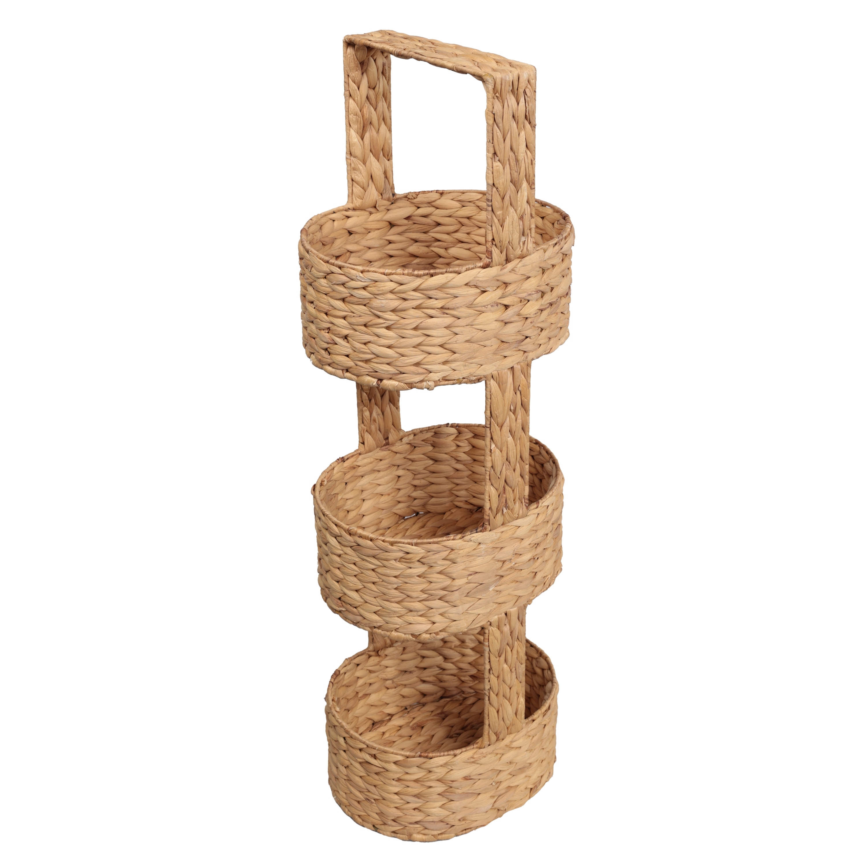 happimess Riverbend Coastal Handwoven Water Hyacinth 3-Tier Round Basket Freestanding Storage Tower Stand with Top Handle