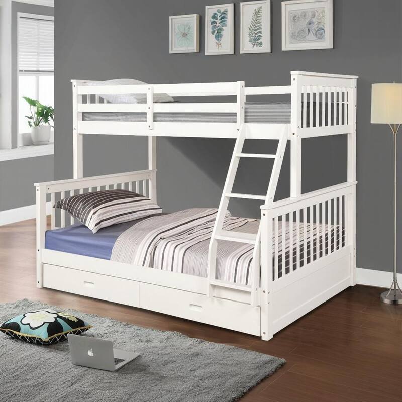 White Twin Over Full Bunk Bed with Storage Drawers, Ladder and Safety Rails