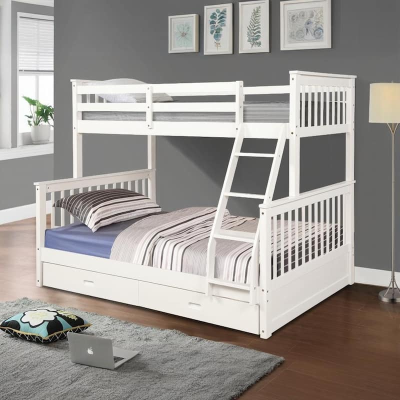 White Twin Over Full Bunk Bed with Storage Drawers, Solid Wood Frame, Safety Guard Rails - White - Full