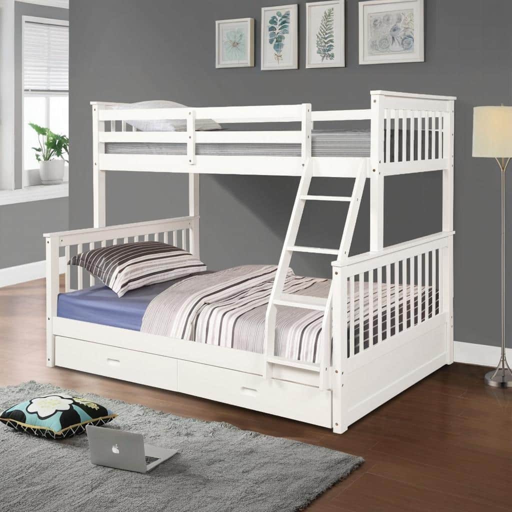 White Twin Over Full Bunk Bed with Storage Drawers, Solid Wood Frame, Safety Guard Rails