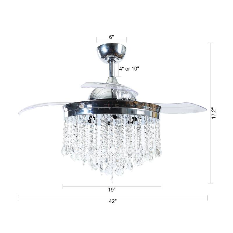 42" Modern Chrome Retractable Blades Ceiling Fan with Light and Remote Control - 42.0 In. W X 21.9 In. H X 42.0 In. D