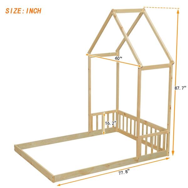 Natural Full Size Pine Wood Roof-framed Headboard Floor Bed with Headboard Guardrails, without Slats