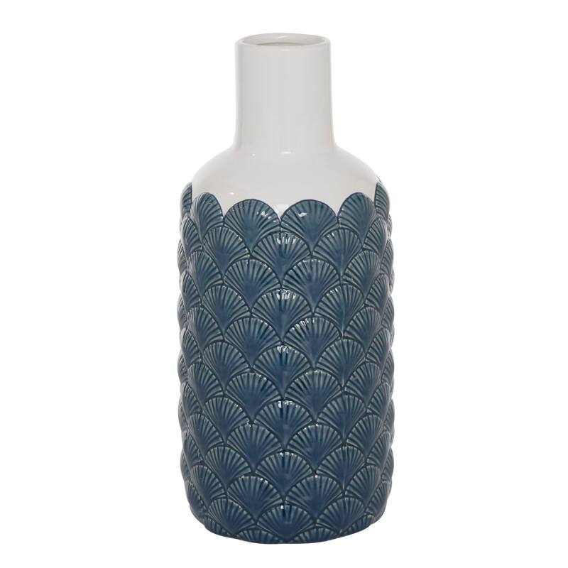 Ceramic Vase with Shell Designs - Blue - Roche River Decor - 6"W x 6"L x 13"H
