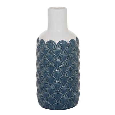 Ceramic Vase with Shell Designs - Blue - Roche River Decor - 6"W x 6"L x 13"H