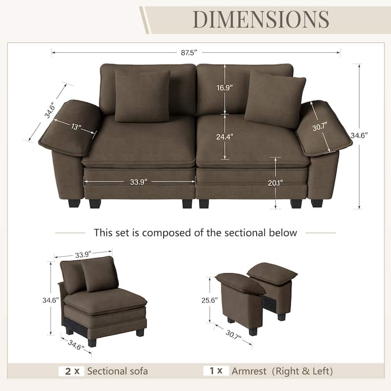 MAISON ARTS Cloud Modular Deep Seat Sofa, Chenille or Corduroy Sectional Couch with Removable Arms, 1–4 Seater