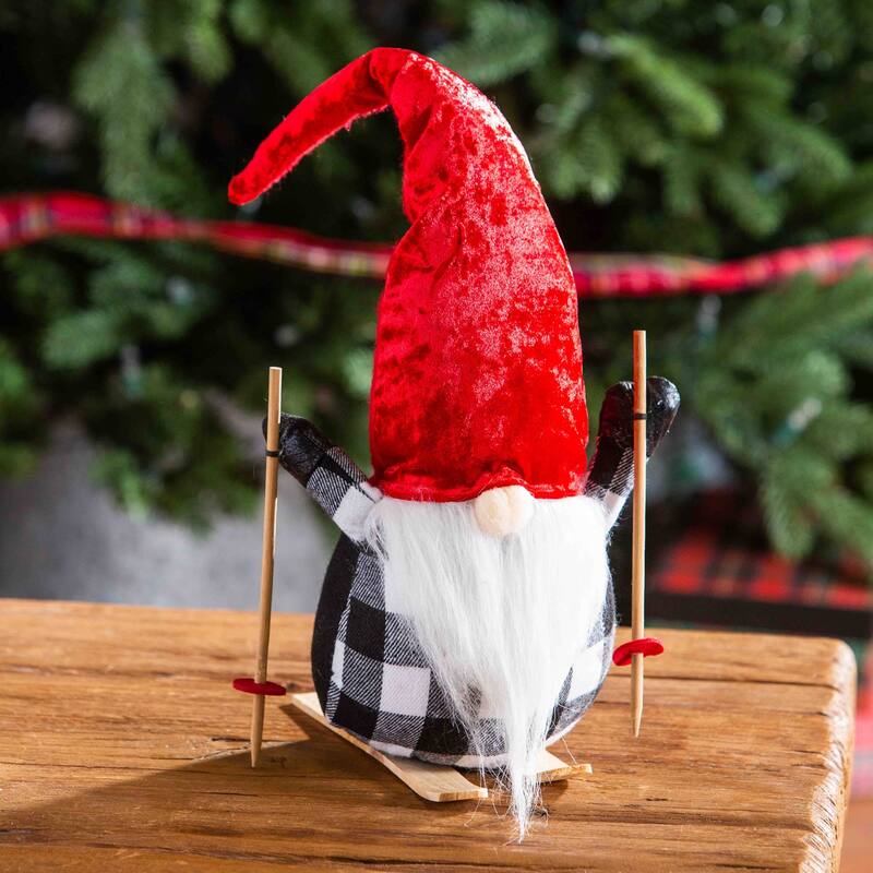 Plush Skiing Gnome Table Decor w Red Hat