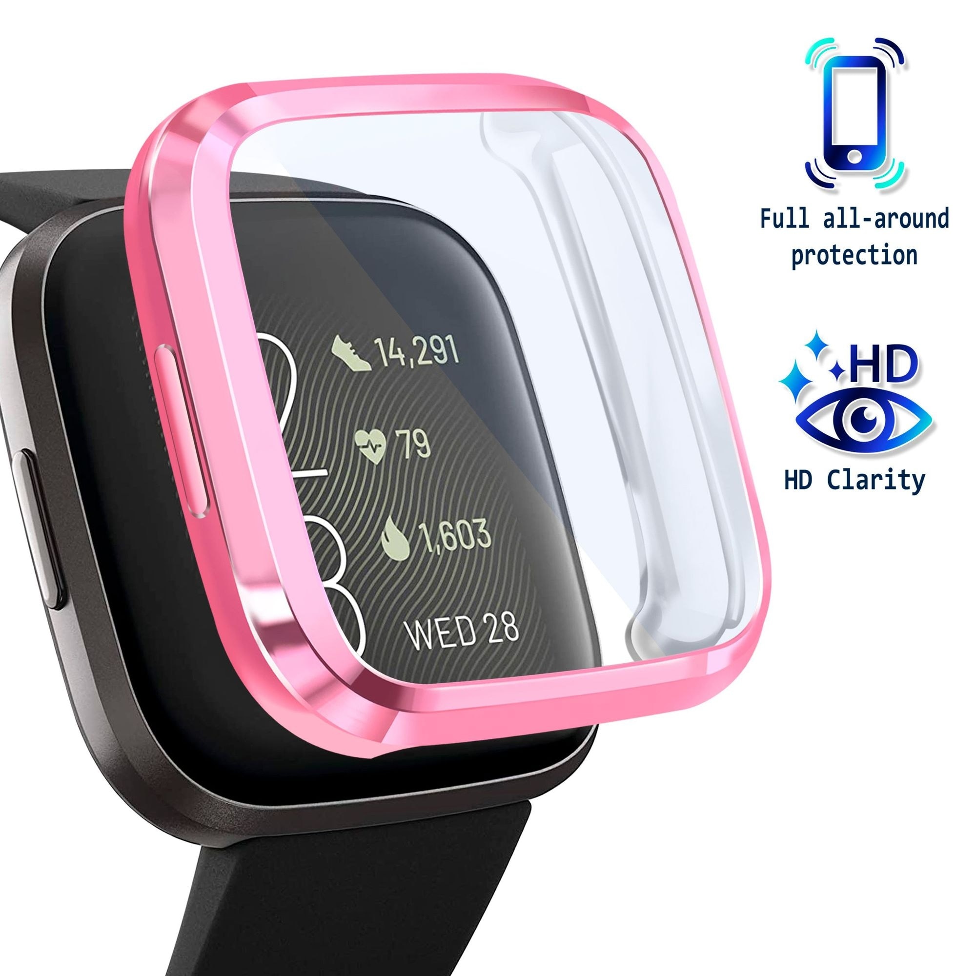 For Fitbit Versa 2 Screen Protector with Soft TPU Rubber Case Bumper Clear/Pink 