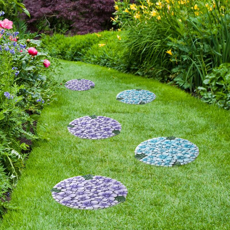 Glitzhome 2-Piece Cement Blue and Purple Hydrangea Textured Stepping Stones - 10 in
