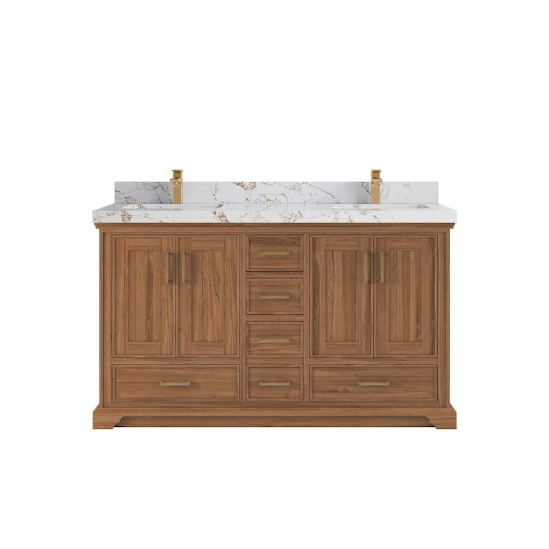 Willow Collections 60 in. W x 22 in. D Charlotte Teak Double Sink Bathroom Solid Teak Vanity with Countertop - 2"Viola Gold - Dark Natural