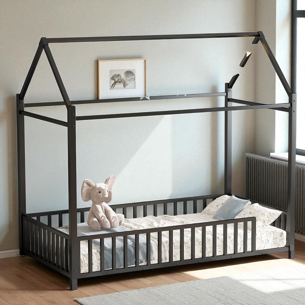 Twin Metal House Bed with Detachable Slats, Guardrails, and Transformable Loft Bed Design - Black