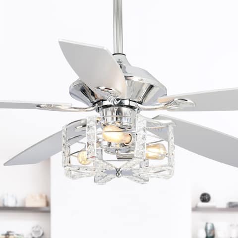 52" Chrome Wood 5-Blade 3-Light Crystal Ceiling Fan with Remote
