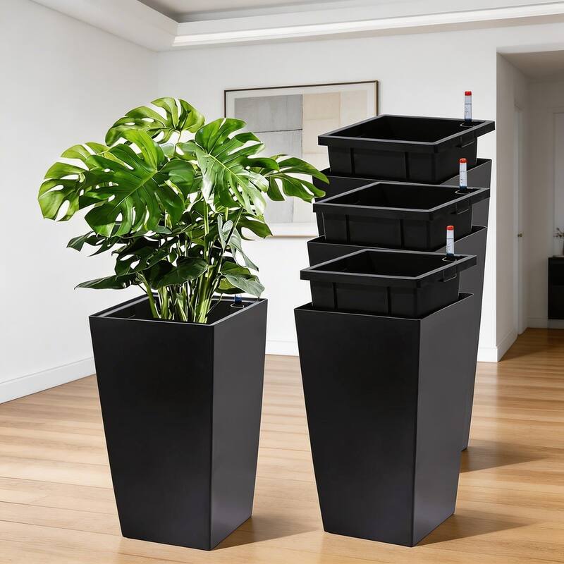 16-in Tall Self-Watering Planters Set of 4 with Drainage Holes Water Level Monitor and Inner Bucket Black - Black