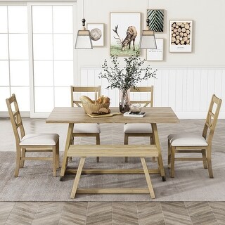 6-Piece Wood Dining Table Set 4 Upholstered Dining Chairs and Bench ...