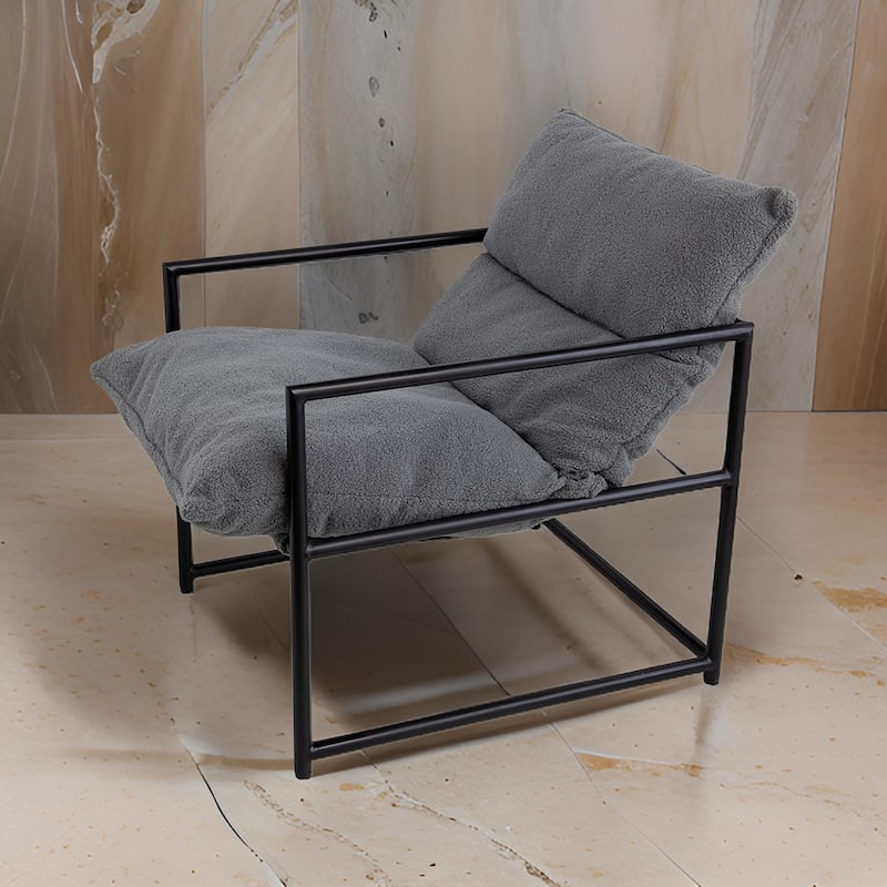 26 Inch Accent Chair with Cushion, Black Iron, Light Gray Faux Leather